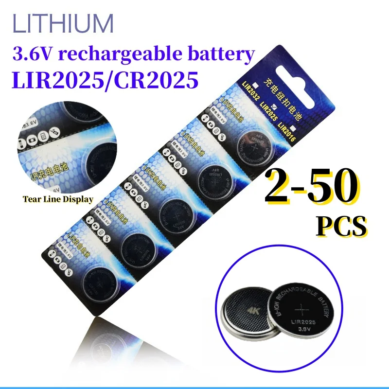 2-50 pces lir2025 bateria conveniente recarregável 2025 carregamento de lítio pode substituir 3.6v 35mah cr2025 para relógios bateria de moeda