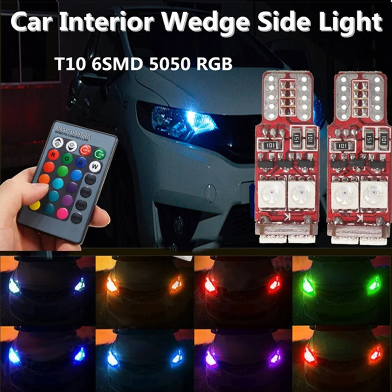 A09E-2Pcs T10 W5W LED RGB Remote Control Lights Indicator Bulb Car Interior Wedge Side Lamps