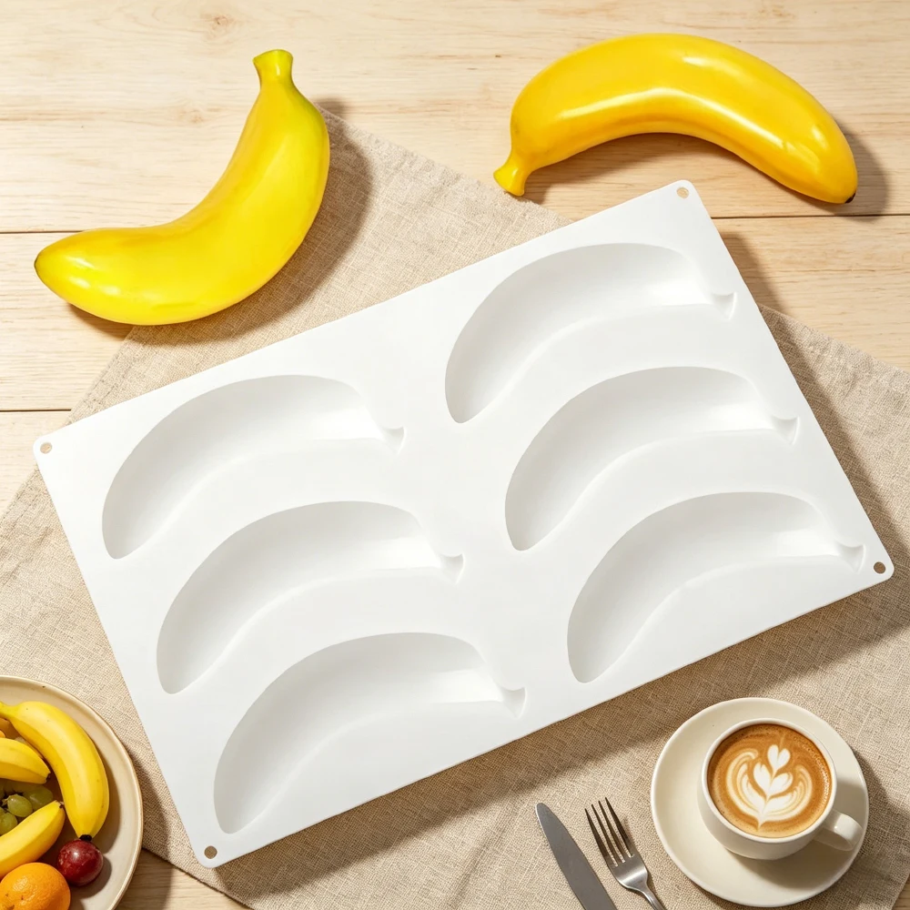6-Fach Silikonform für Bananen-Mousse-Kuchen, Schokoladen-Pudding, Dessert, Französische Gebäckform, Kreative DIY-Kerzenform – Detail 3