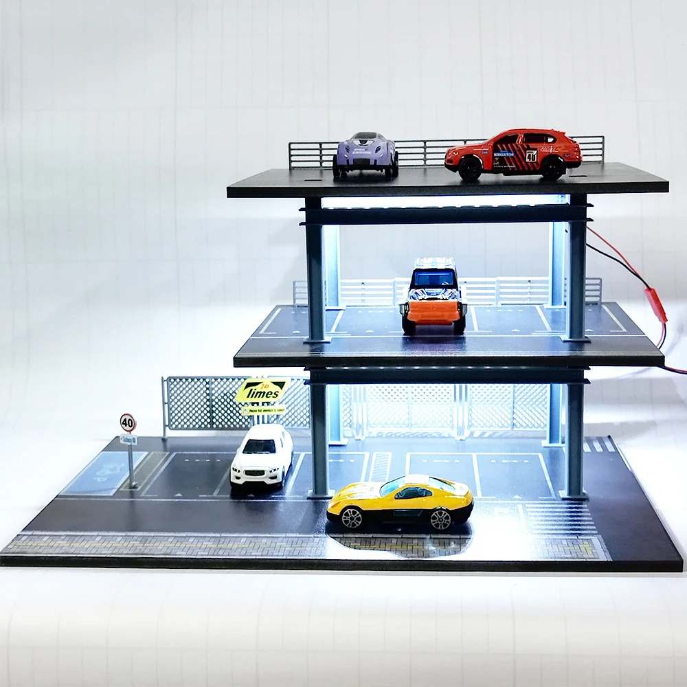 1/64 Scale LED Illuminated Car Garage Diorama Model Realistic Display Scene with Miniature Car Models Garage Collector Set