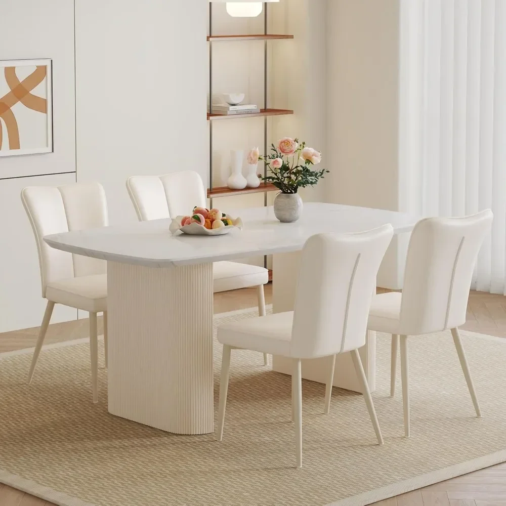 Modern Dining Table Set for 4,Cream White Dining Tables Set for 4 with Unique Wave Design Tables Legs, 5 Piece Kitchen Table Set