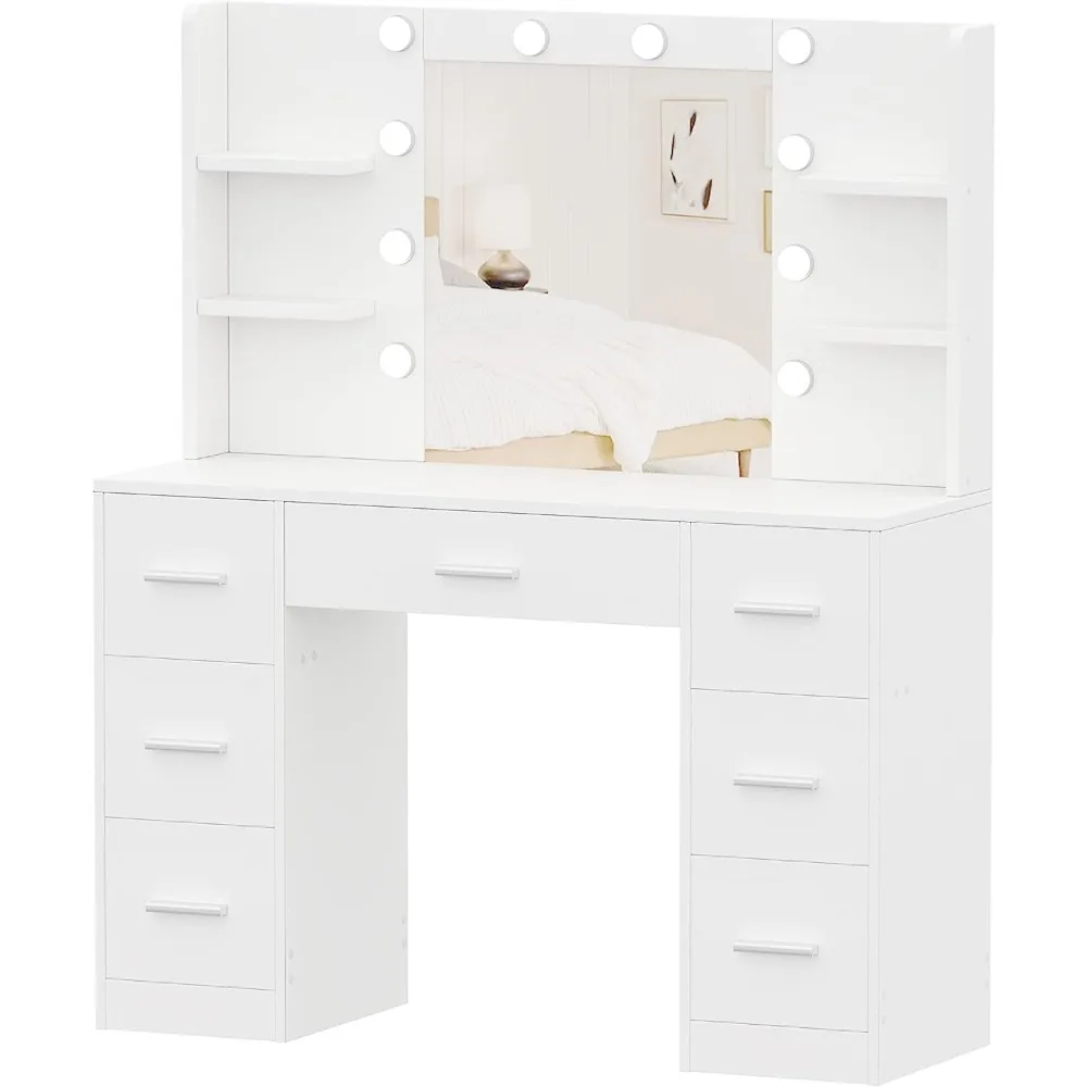 Makeup Vanity with 10 LED Lights & 7 Metal Sliding Drawers, Brightness Adjustable, Vanity Table with 6 Open Shelves,Makeup Table image 6