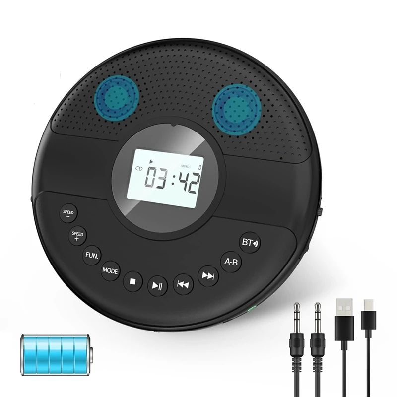 

Портативный CD-плеер, Bluetooth CD-плеер с двумя динамиками, перезаряжаемый с наушниками AUX-кабель для автомобиля