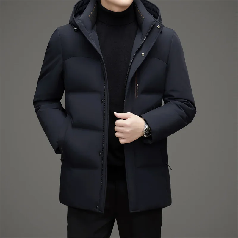 YEAE Men's Winter White Duck Down Jacket Mid-length Hat Detachable Business Casual Coat New Clothing Thick Warm Man Jack