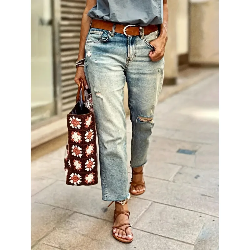 

Women's Loose Elastic Fashionable Streetwear Vintage Denim Jeans Low Waist Crop Pants Super Thin Ultra Stretchy Denim
