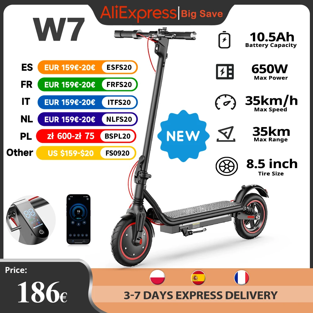 Nuevo Scooter Eléctrico W7 8,5 pulgadas 36V 10.5Ah batería 650W Motor 27-37km rango 4 modos de velocidad 35 KM/H patinetes eléctricos plegables