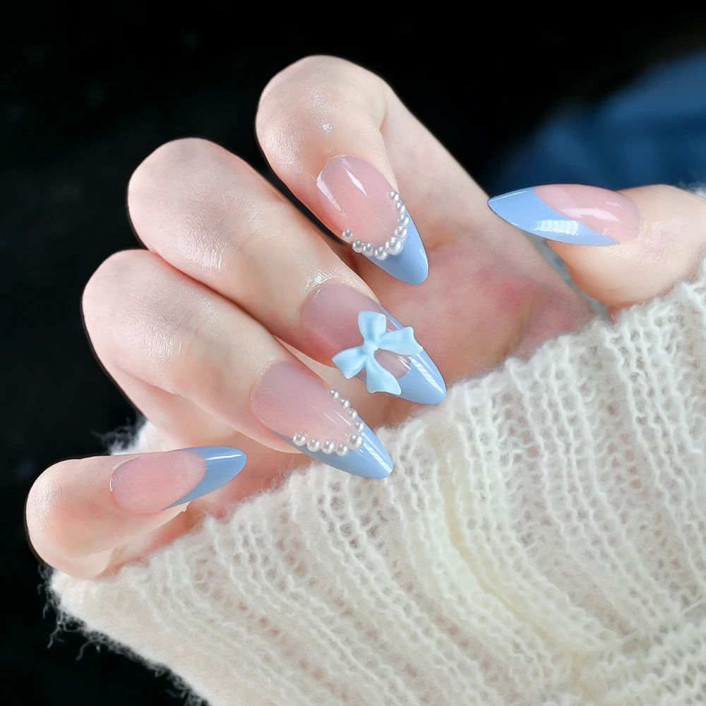 24-pezzi-3d-blu-bowknot-francese-punte-per-unghie-finte-con-perla-bianca-breve-stampa-di-mandorle-sulle-unghie-donne-eleganti-indossabili-punta-delle-dita-finte