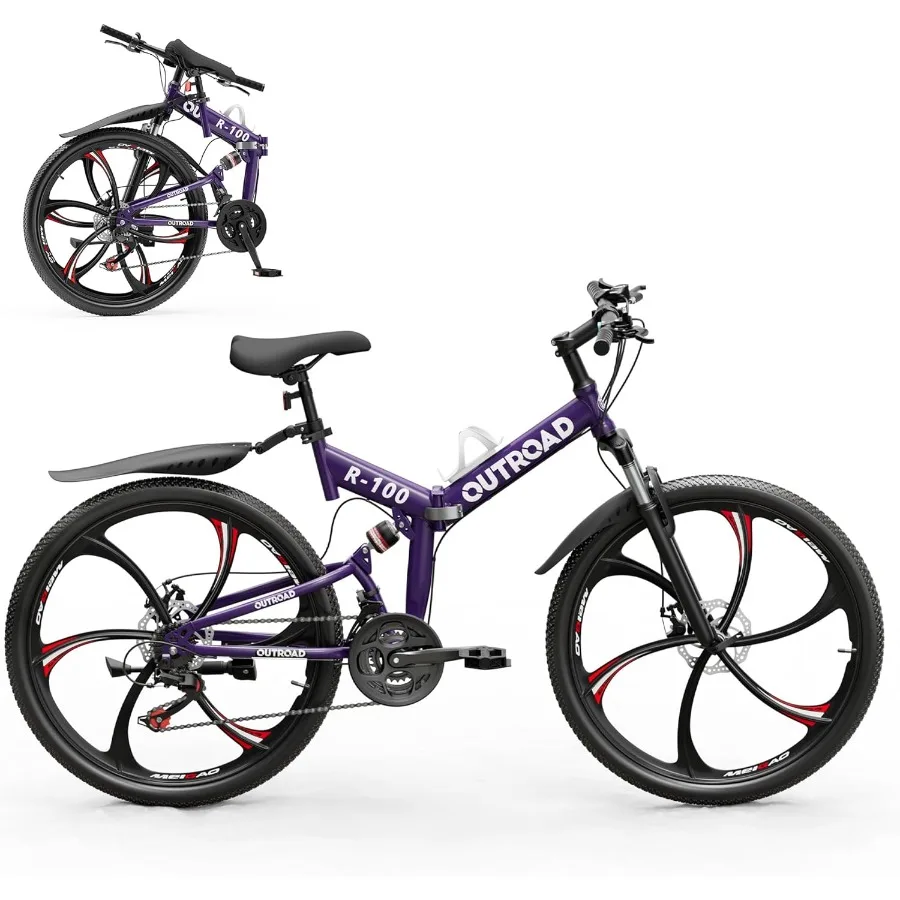 

26 Inch Adult Folding Mountain Bike with 21 Speed Gears Full Suspension System High Carbon Steel Frame Compact Foldable Design
