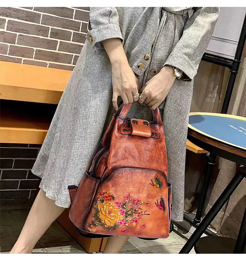 Handcrafted retro brushed top layer cowhide women's Chinese-style floral backpack, creative hand-held backpack
