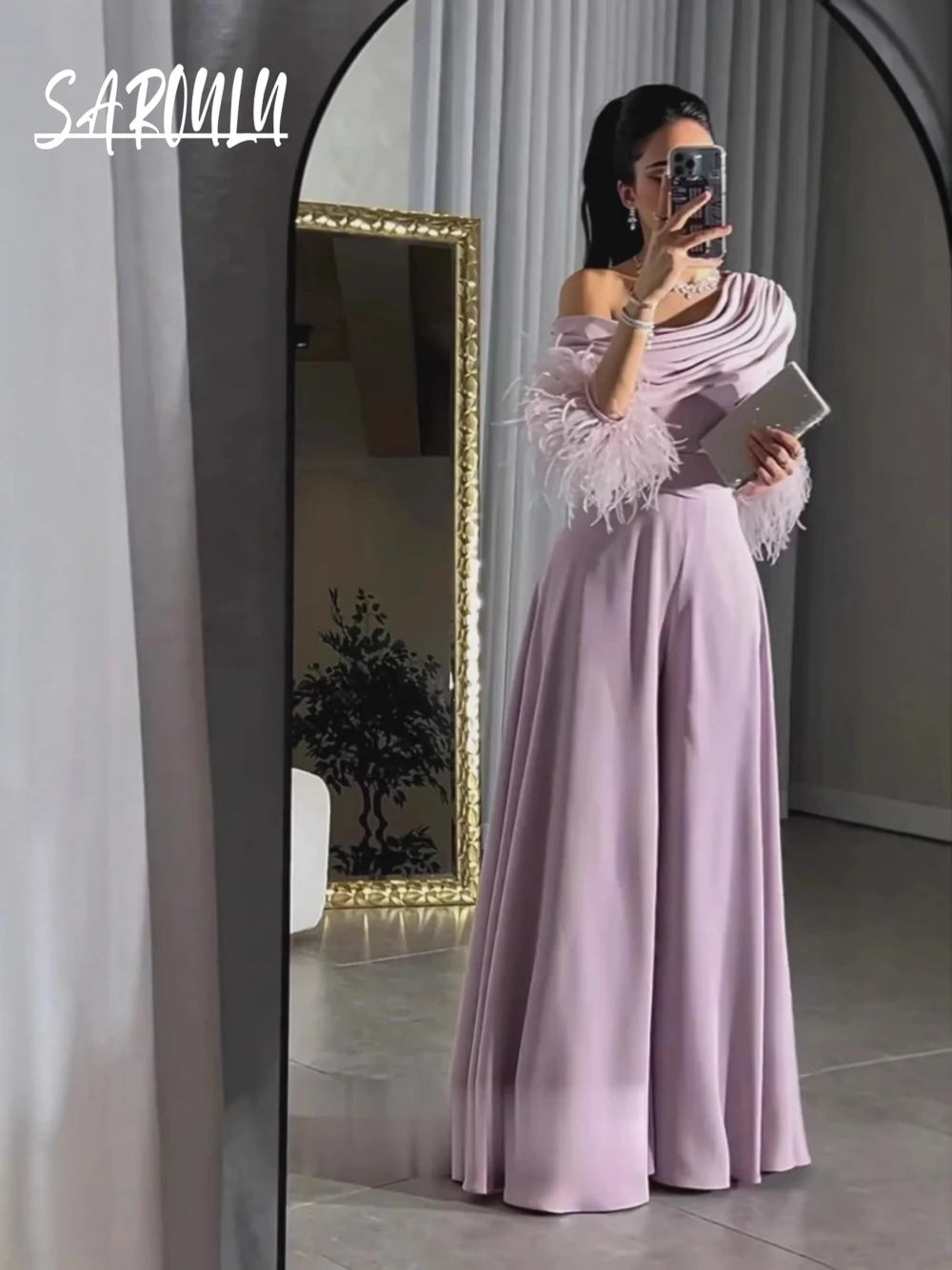 Loose Elegant Jumpsuit Feathered Pleated Chiffon S-2XL Fashionable Party Gown For Women Fast Shipping Off Shoulder Prom Wear