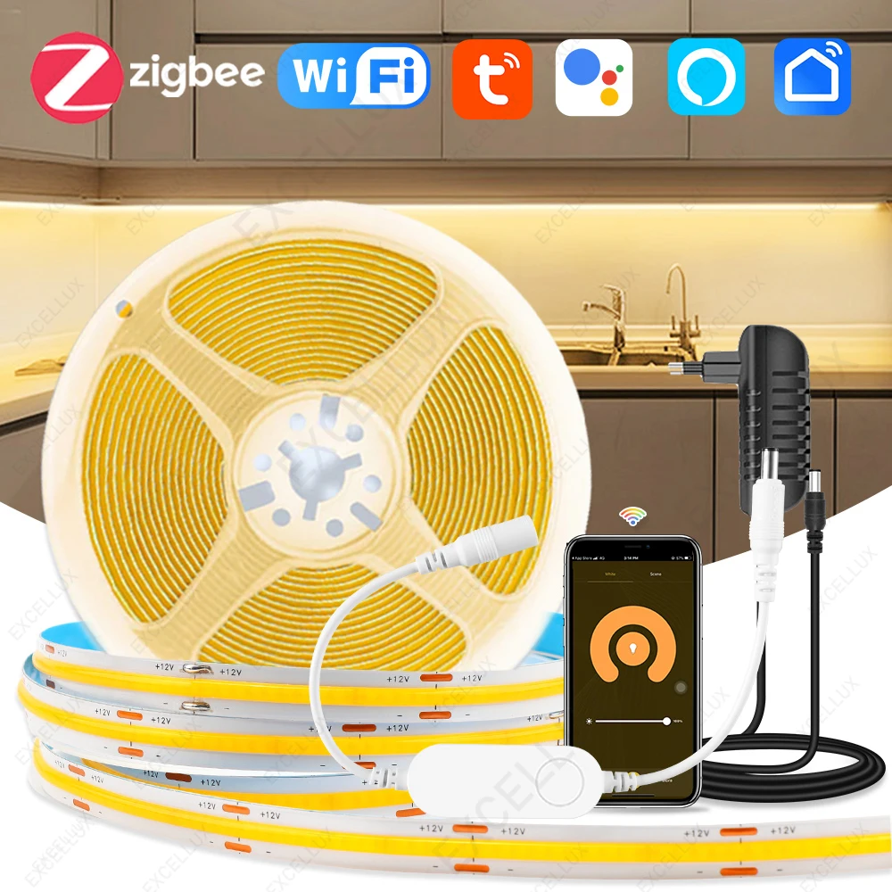 Zigbeeスマートコブledストリップ調光可能tuya wifi alexa Googleアシスタントコントロールフレキシブルledテープリボンルーム装飾ledライト12v