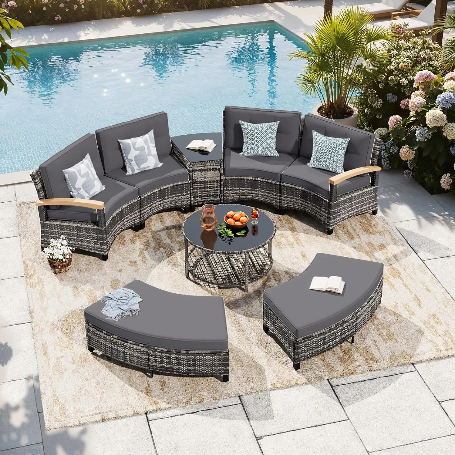 Curved Half-Moon Outdoor Patio Sectional Conversation Sofa Set, 8-Piece with 2 Half-Moon Ottomans and Coffee & Side Tables for Backyard Deck Garden, Grey