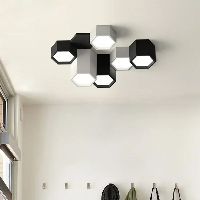 Modern Simple DIY Combination Hexagon Ceiling Lamp Iron LED Living Room Bedroom Dinning  Lighting Acrylic Decoration Fixture