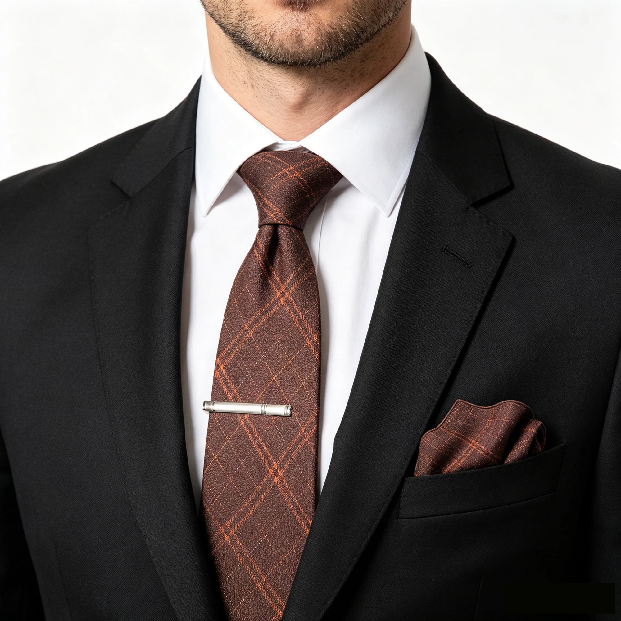 Klassische Wollkrawatte für Herren, braun-grau, gestreift, kariert, einfarbig, Kaschmir-Krawatte, Einstecktuch-Set, Hochzeitsaccessoire, Geschenk – Detail 14