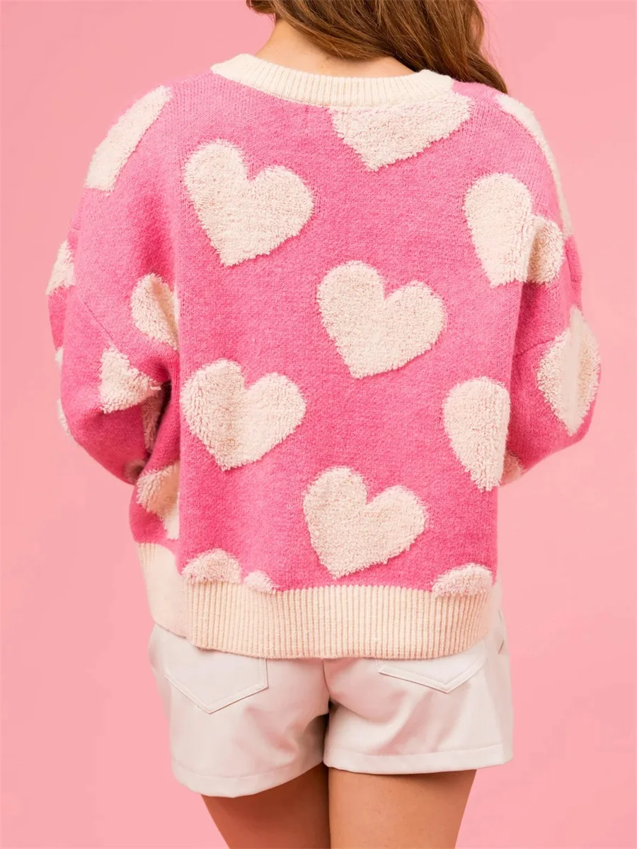 Женский вязаный свитер на День святого Валентина с длинным рукавом и круглым вырезом, трикотаж с вышивкой в виде сердца
