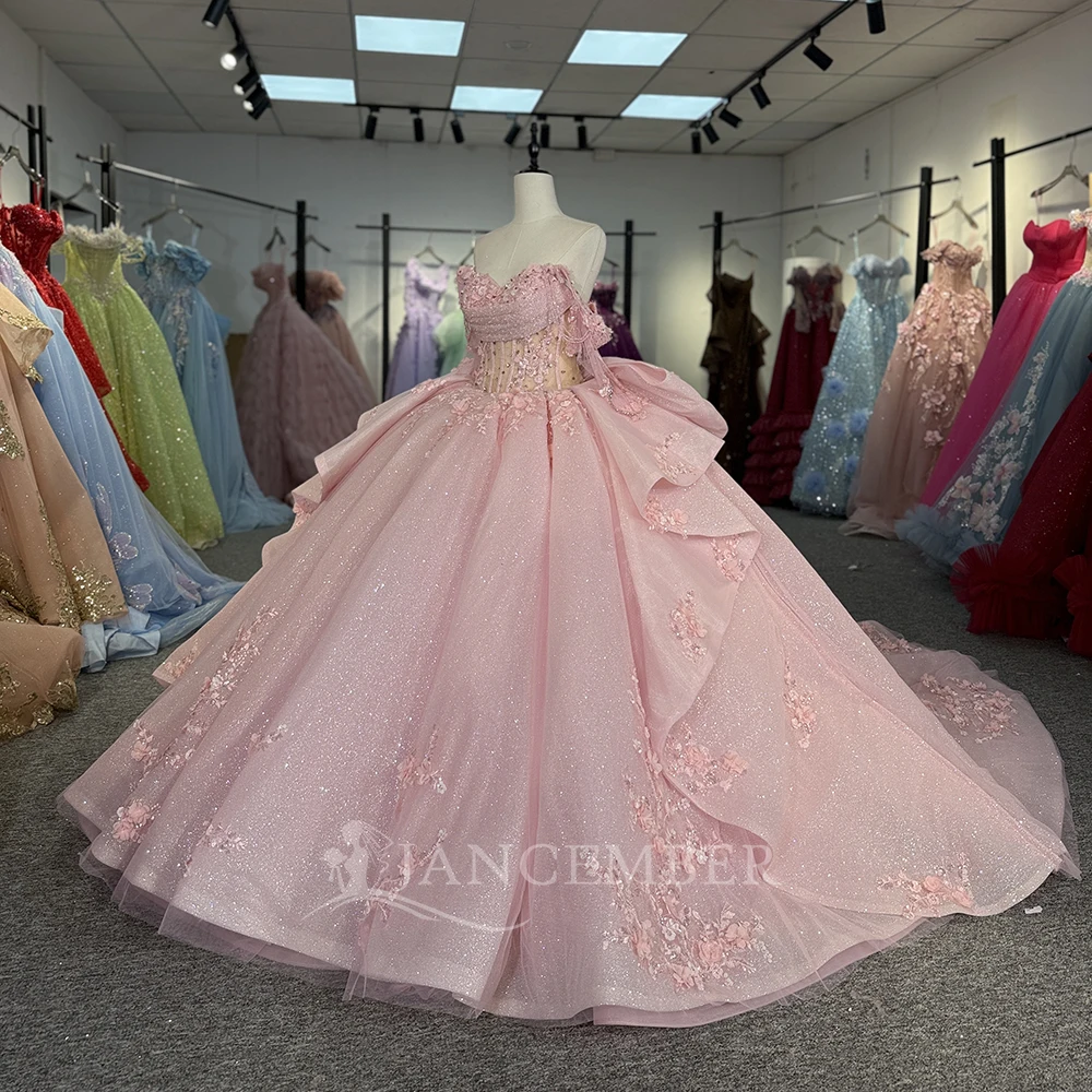 ชุดเดรสงาน Quinceañera สีชมพูสวยหรู ทรงบอลกาวน์ แขนสั้น สำหรับสาววัย 15 ปี  สามารถสั่งตัดได้