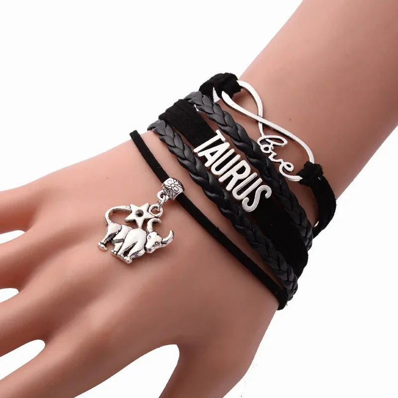 12 Constellation Zodiac Sign Black Braided Leather Bracelet Cancer Leo Virgo Libra Woven Jewelry Punk Men Pendant Bracelet