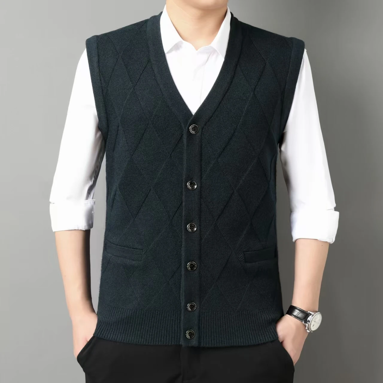 

Men's Busin Casual Knitted Vest V-Ne Diamond Pattern Double ket Design Autumn Winter Faion Stand Fit Office Wear