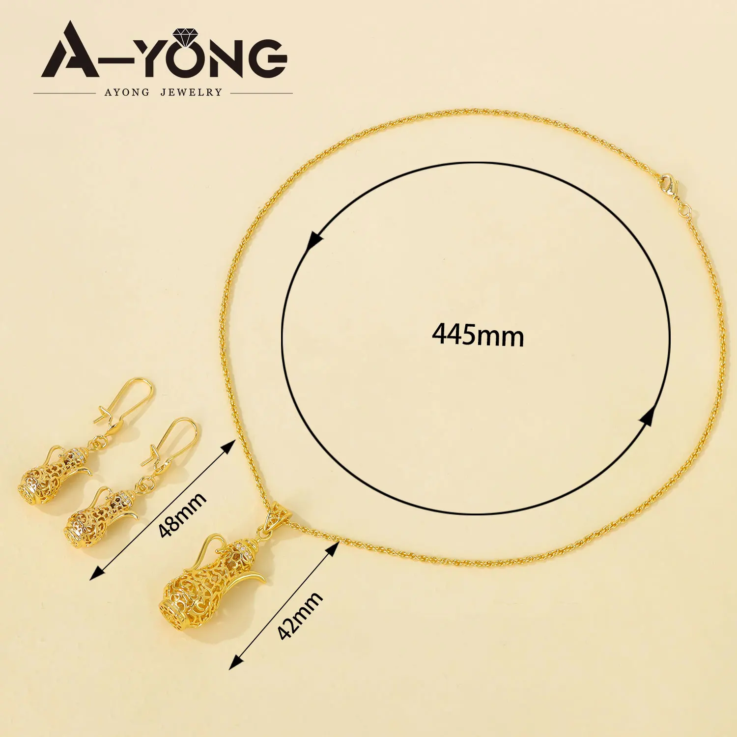 Arabisches Modeschmuck-Set 21k Vergoldet Äthiopische Exquisite Teekanne Halskette Ohrringe Dubai Damen Eid Event Party Schmuck – Detail 6