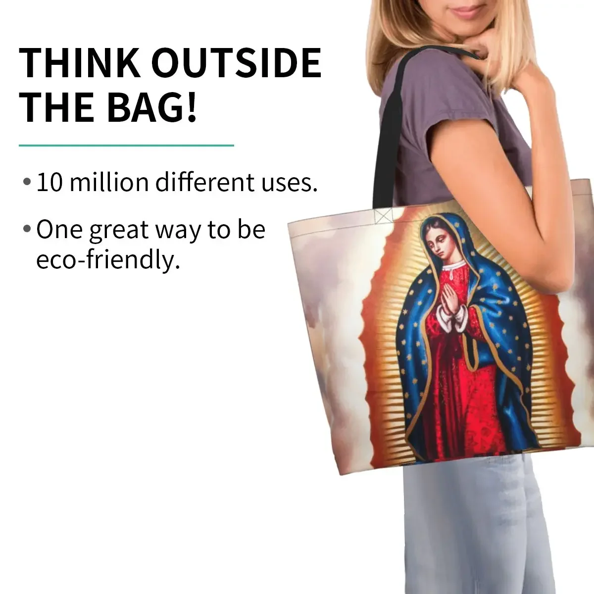 Custom Guadalupe Virgin Mary Canvas Shopping Bag Portable Large Capacity Grocery Virgen De Guadalupe Christian Shopper Tote Bags