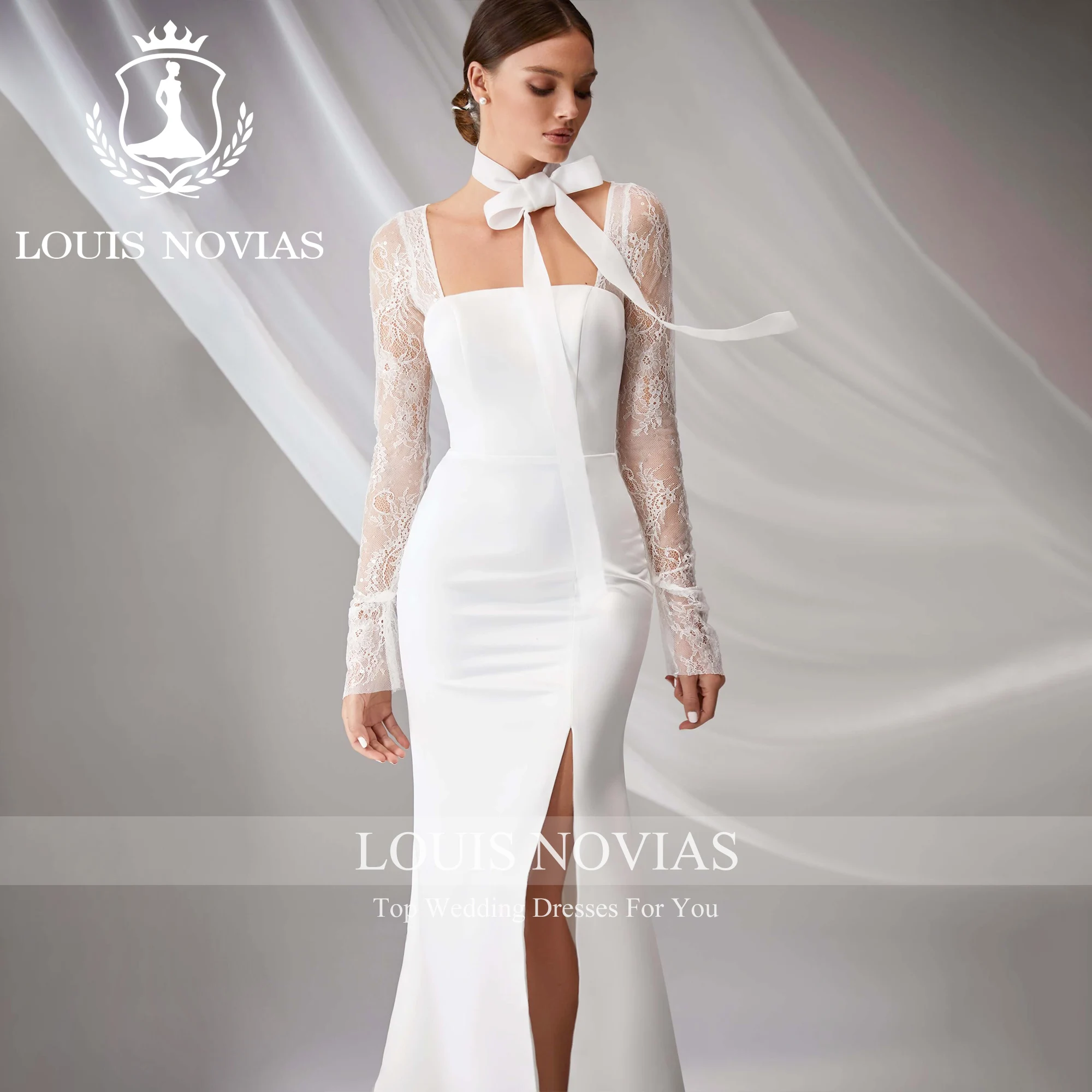 Louis Novias Zeemeermin Trouwjurk Met Lange Mouwen 2023 Vierkante Kraag Appliqueert Illusie Zijsplit Trouwjurk Vestidos De Novia