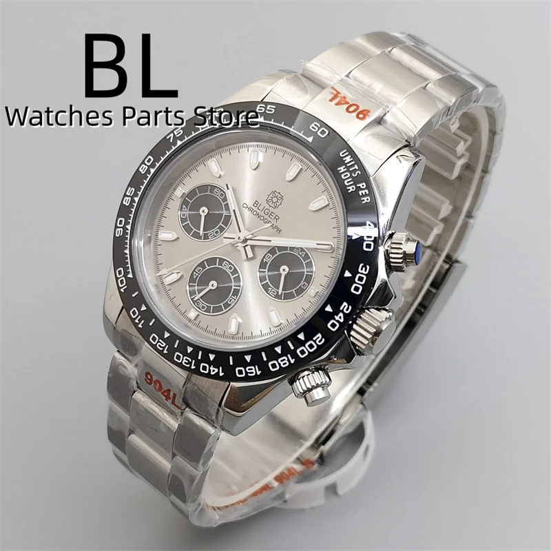 BLIGER 39mm Black Bezel Gray Dial Chronograph VK63 Quartz Multi-Function Men\'s Watch Sapphire Glass Luminous Steel/Rubber Strap