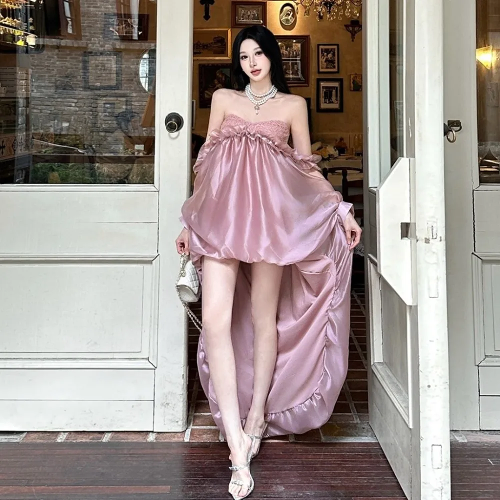 SylCue Ruched Design Wrap Chest Maxi Dresses Loose Fit Long Trailing Bud Skirt French Romantic Style Elegant Fashion Vestidos