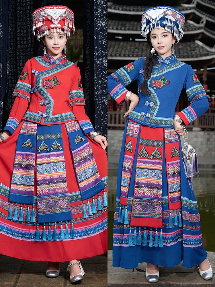 

Женская одежда для танцевальных выступлений в стиле этно-танцев минори-мяо, традиционные сценические костюмы народности чжуан, полиэстер, эксклюзивно онлайн