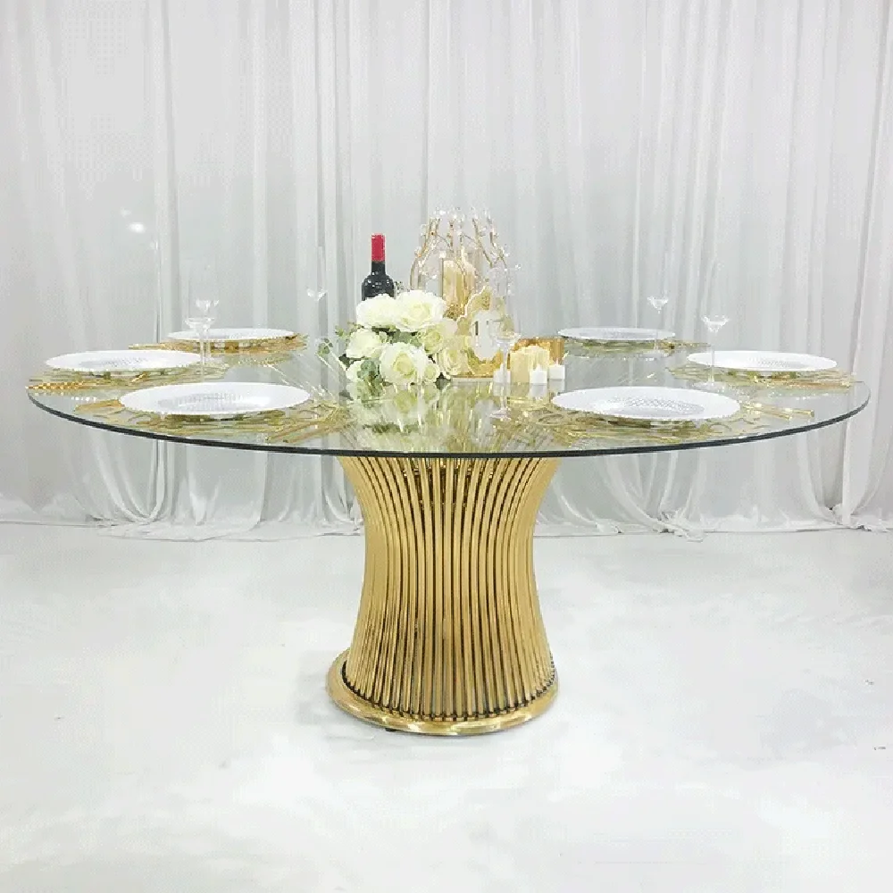 Hot sale wedding event furniture stainless steel metal gold modern round glass top dining table