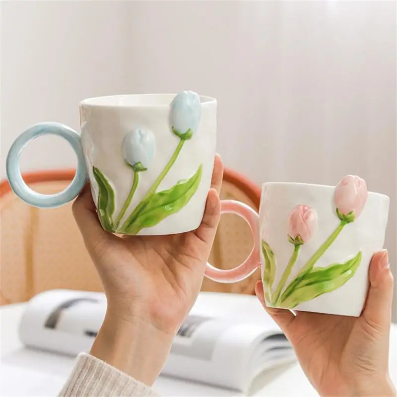 Ceramic Drink Cup Ceramics Durable Comfortable Grip Mug Smooth Easy To Clean Smooth Handle Tulip Pattern Does Not Fade Tulip Cup