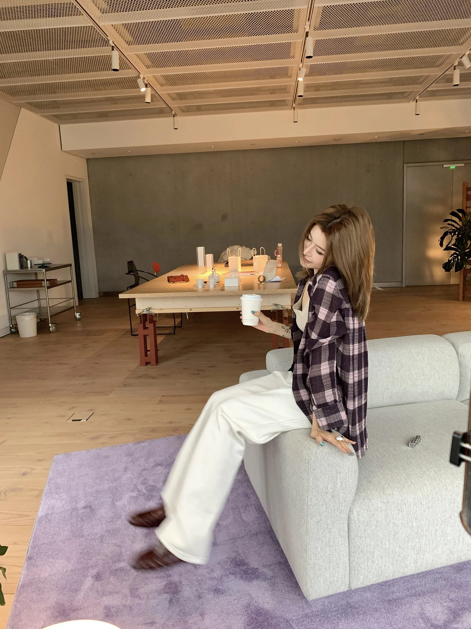 

Three Goood Pink And Purple Color Block Plaid Long Sleeve Shirt Loose Fit Casual Style Sun Protection Polyester Fiber Women's...