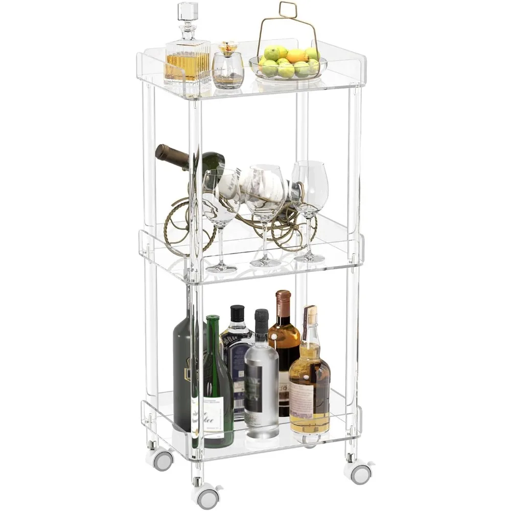 

Small Acrylic Bar Cart, 15.2 L x 11.2 W x 34.2 H, 3 Tier Mini Rolling Serving Cart with 4 Lockable Wheels for Home Bar, K