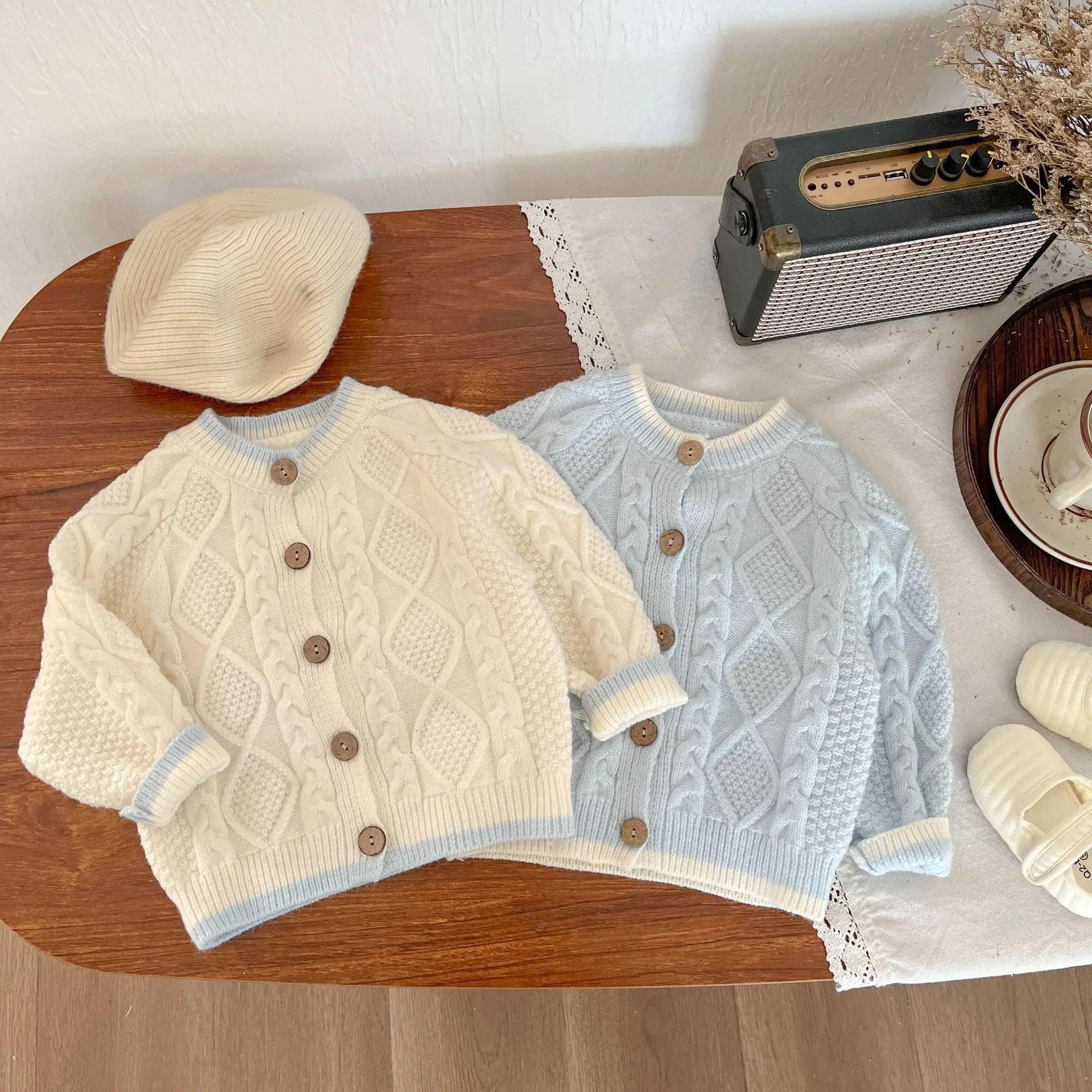 2024 Spring Autumn Fashion Newborn Twist Sweater Suit Boy Girl Baby Knitted Cardigan Long Sleeve Tops + Suspenders Bodysuit 2pcs