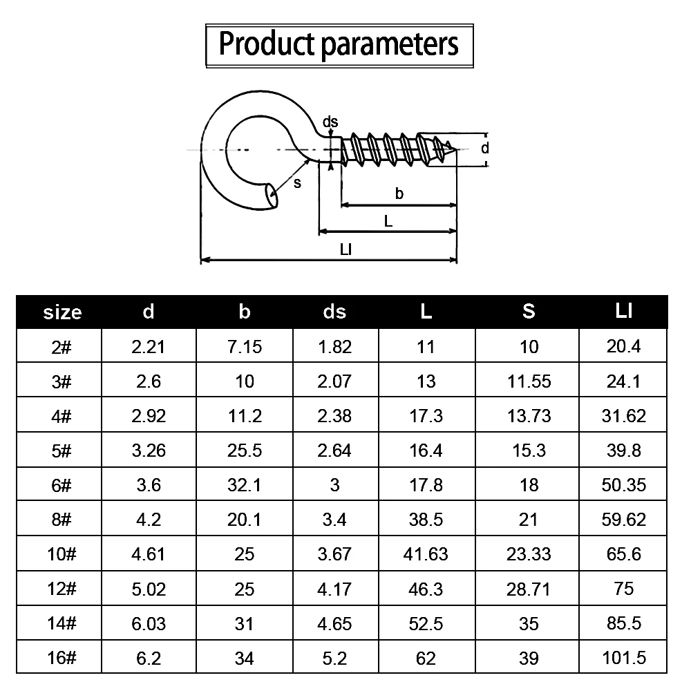 Tornillos de gancho de ojo de oveja con apertura en forma de C 1 #   2 #   3 #   4 #   5 #   6 #   8 #   10 #   12 #   14 #   16 #   Tornillo de techo con signo de interrogación para luz de lámpara