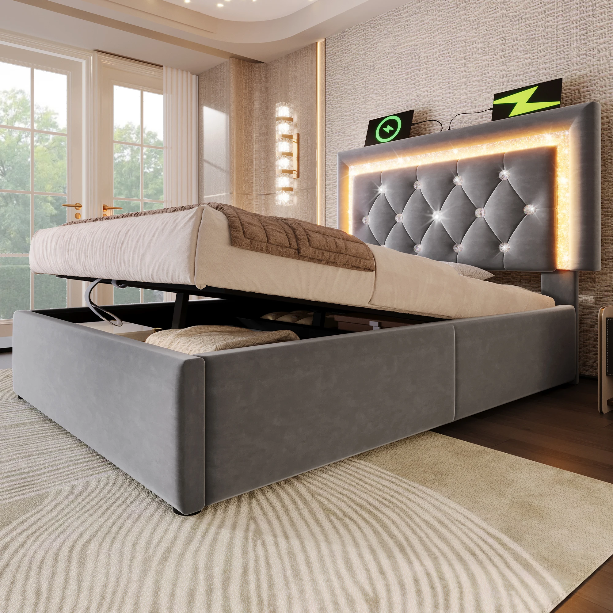 Bekleding bed 90x200 jeugdbed eenpersoonsbed led USB bedbox lattenbodem Grijs (zonder matras) - afbeelding 1