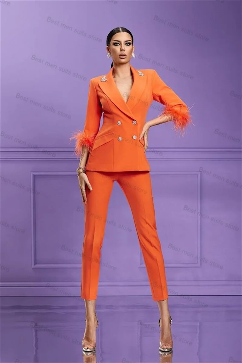 Orange Feder Frauen Anzug Hosen Set 2 Stück Blazer Hose formelle Ballkleid Hochzeit Smoking Party Jacke Mantel angepasst gemacht