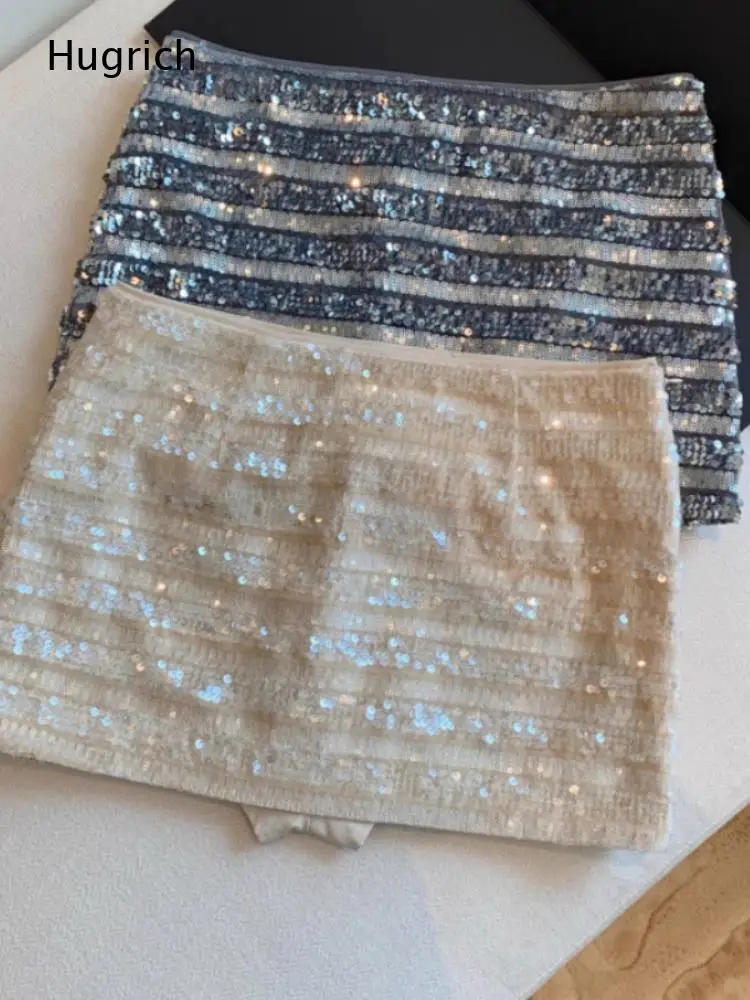 Gradient Stripe Sequin Mini Skirt Built-In Safety Shorts High Waist Wrap Ruched Slim Sparkly Nightclub Party Short Skirt