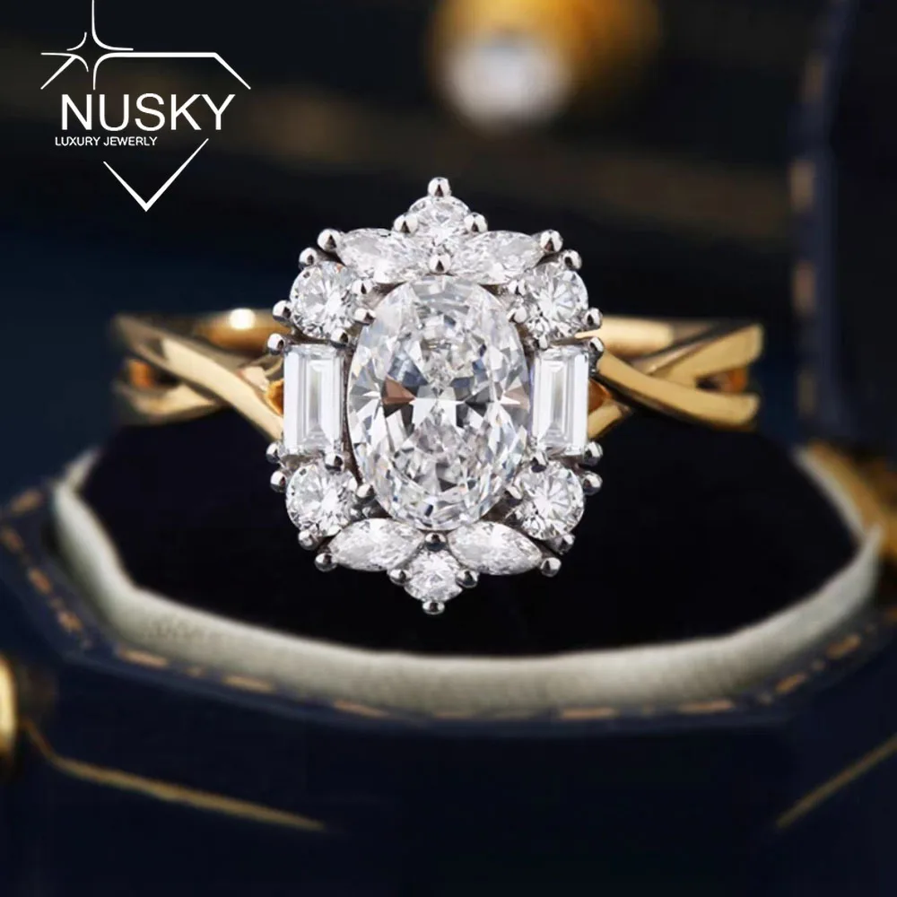 5x7mm Oval Cut Moissanite Ring for Women 925 Sterling Silver Luxury Cluster Zircon Engagement Ring 18K White Gold Plated Jewelry
