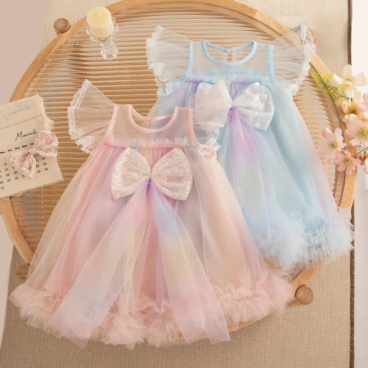 Vestido de niña de verano, vestido de encaje de malla colorido para niña, bonito vestido de princesa con lazo de lentejuelas, vestidos de fiesta para niñas ﻿