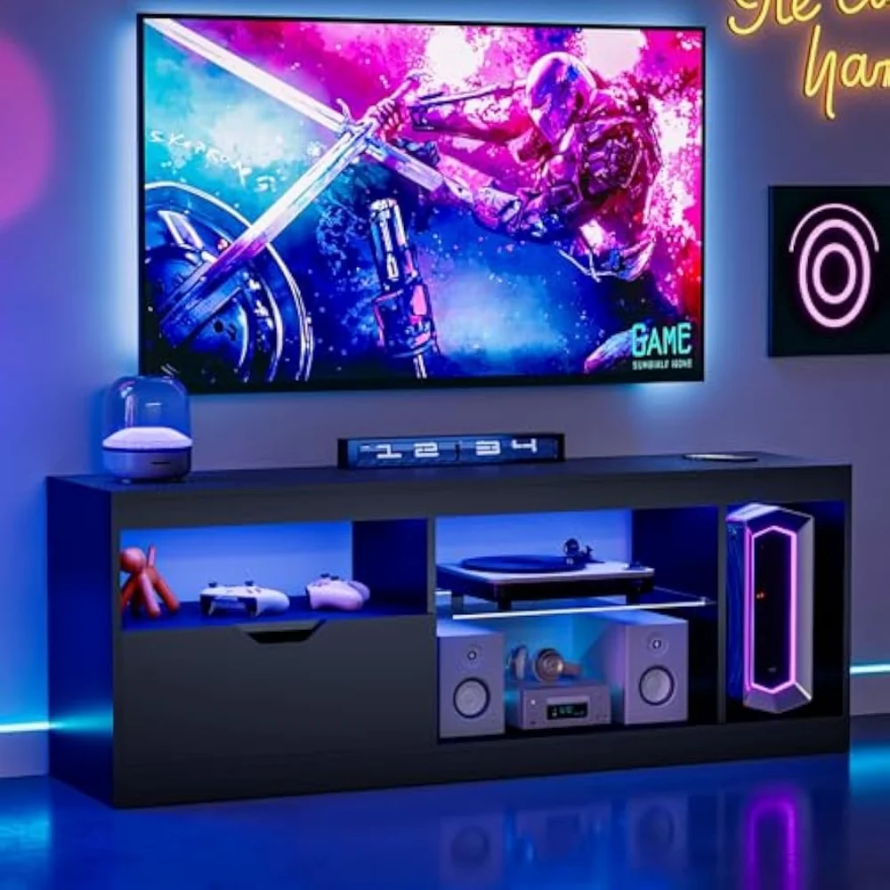 

LED TV Stand Mount for 65 inch, Modern Entertainment Center with LED Lights & High Glossy Cabinets