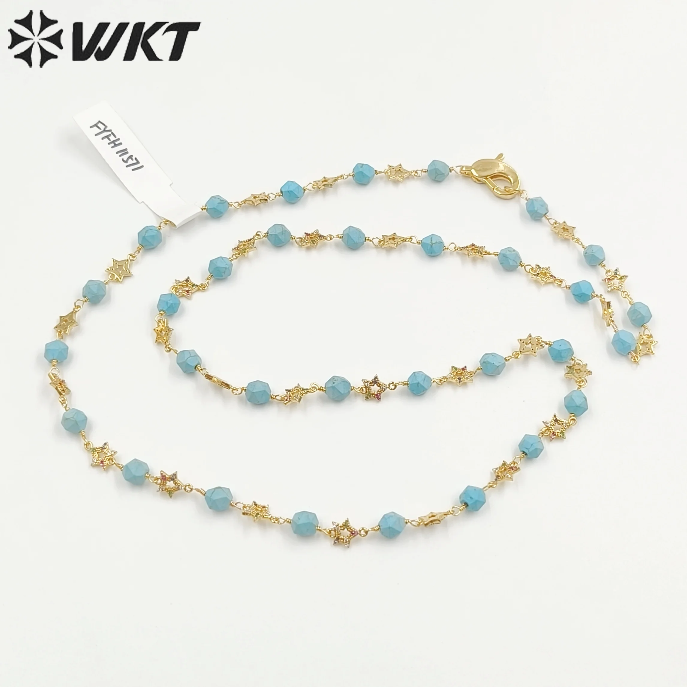 WT-N1435 Wholesale Fashion Hand Made Wire Wrapped Faceted Stone Beads Chain Necklace 90cm Long Sun Stone Sweather Chain 3pcs