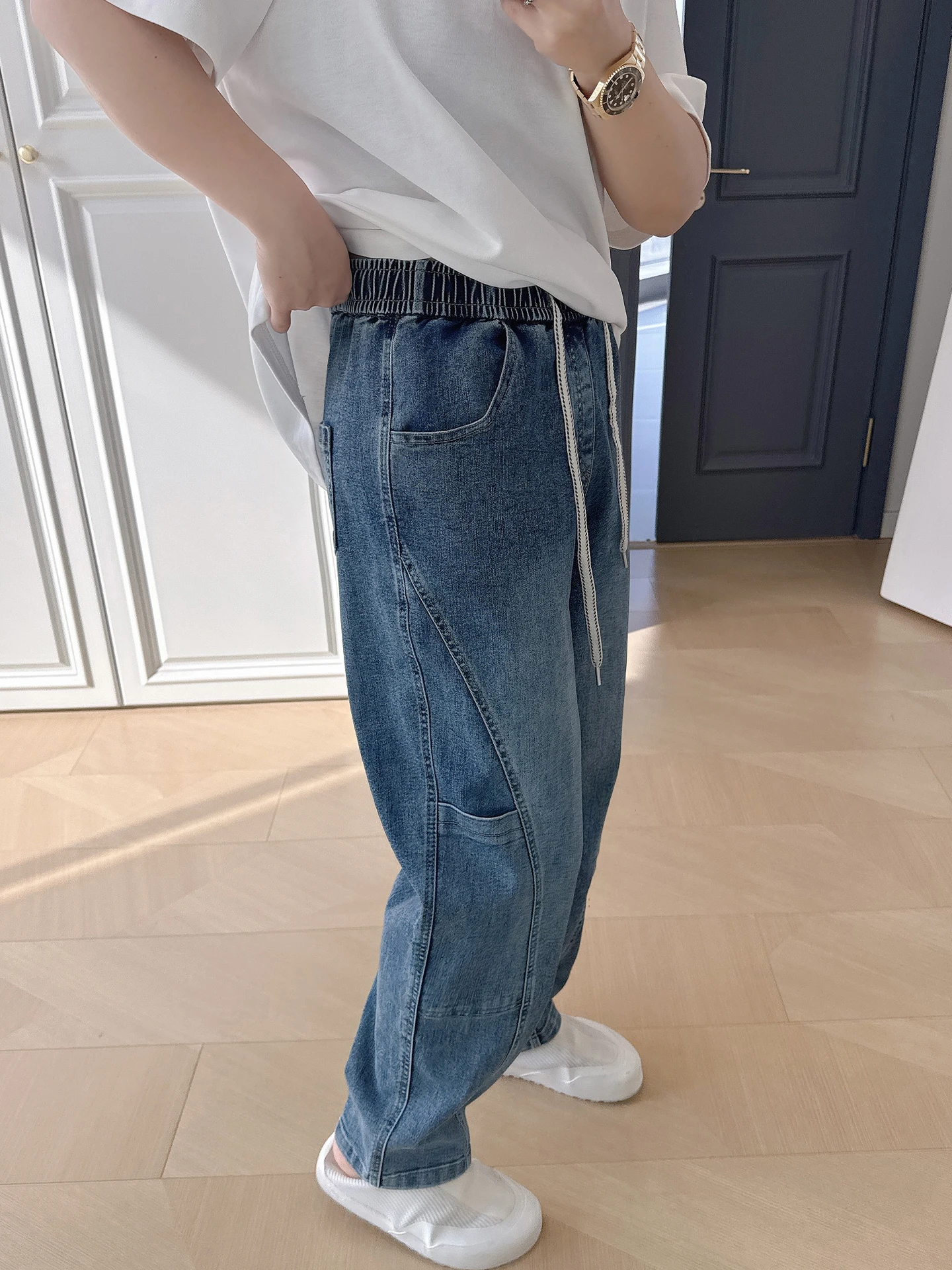 

Американские ретро-джинсы больших размеров с высокой талией для полных женщин (до 200 фунтов), универсальные свободные брюки в стиле High Street, трендовые брюки-харланы в стиле Dad Pants