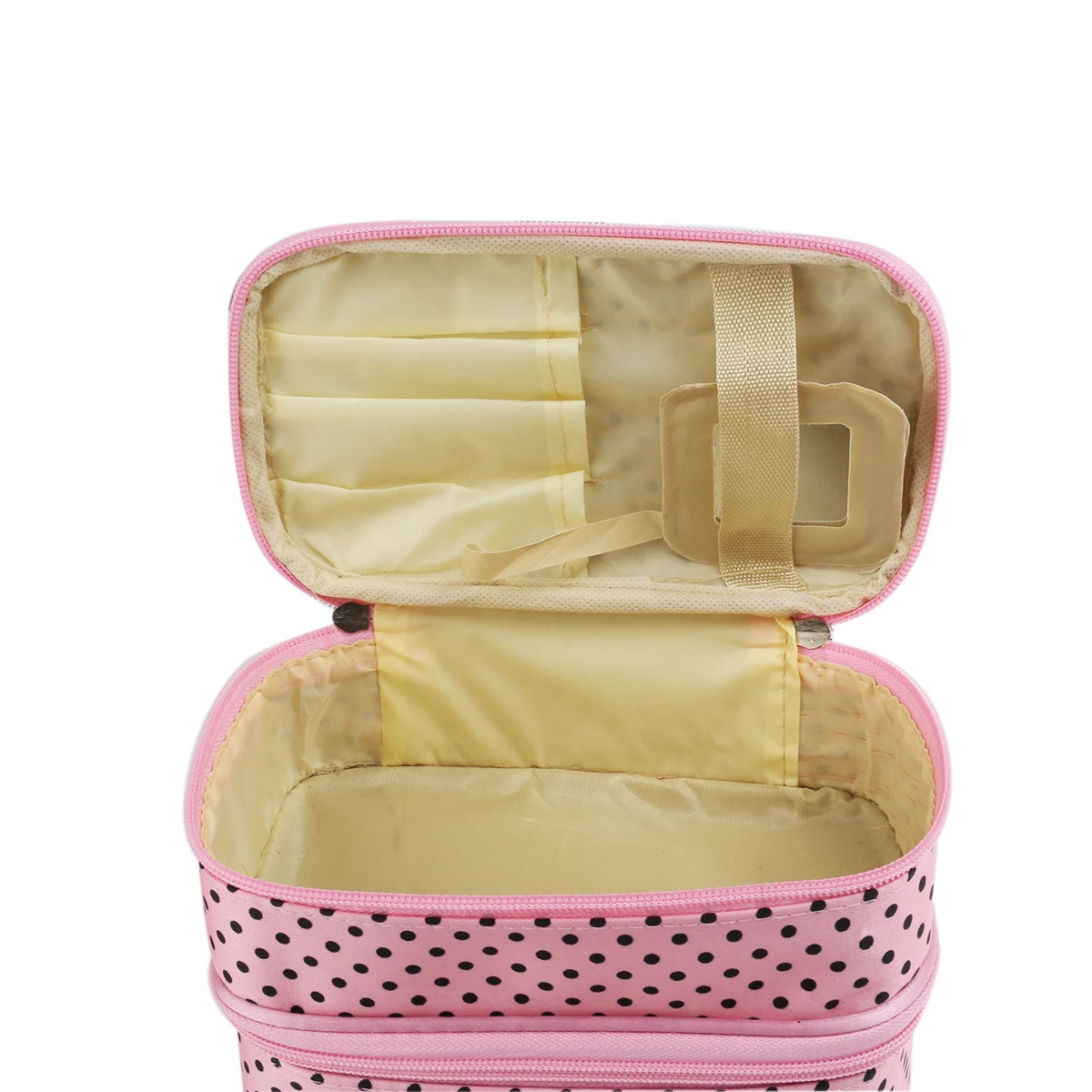 

Double Layer Bag Pink 20x14x11 5cm Women Makeup Toiletry Bag Travel Pouch Dot Dual Zipper Hand Strap Small Mirror