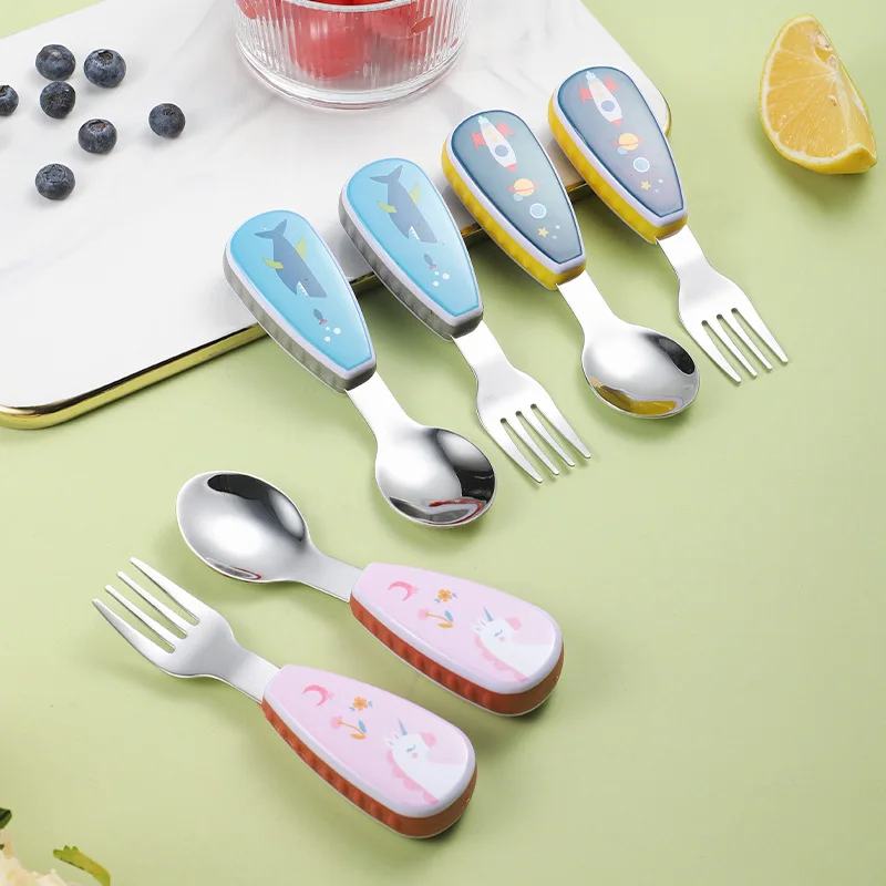 

304 stainless steel tableware short handle spoons forks creative cartoon baby training tableware complementary portable set