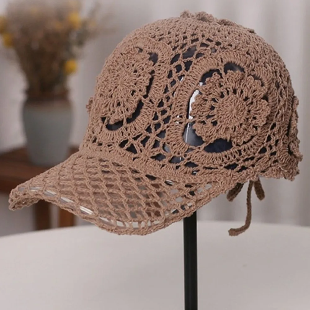 Casual Adjustable Crochet Baseball Cap Polyester Openwork Sun Hat Lightweight Breathable Mesh Peaked Cap Spring Summer