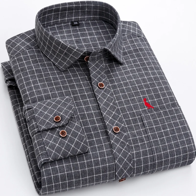 2021 new camisas long sleeve brushed men's plaid shirts casual business men's striped shirts fashion shirts with front pockets