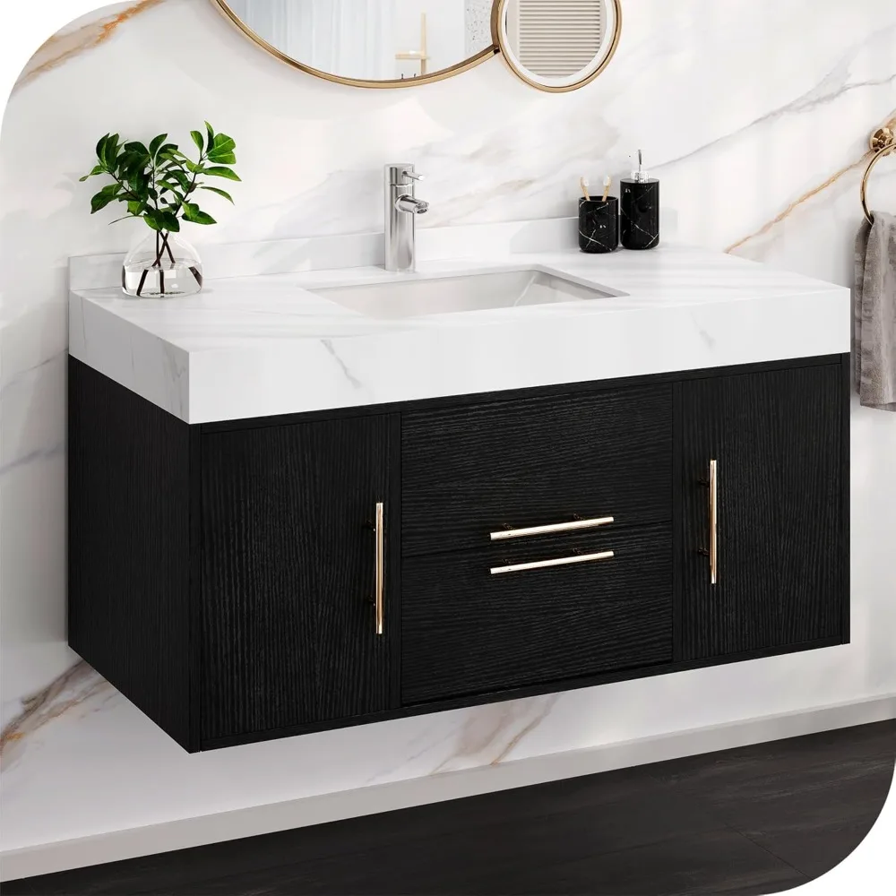 

40 Inch Floating Bathroom Vanity, Wall Mounted Bathroom Vanity with White Sintered Stone Countertop and Ceramic Basin Sink