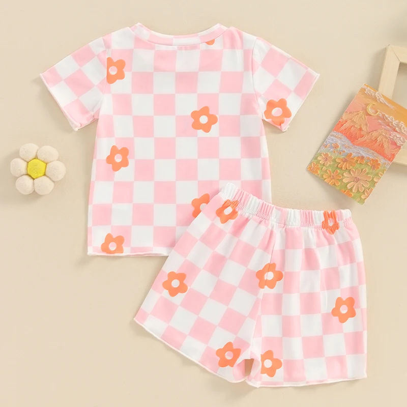 Lioraitiin Summer Kids Girls Clothing Sets Floral Checkerboard Print Short Sleeve O-neck T-shirts+Elastic Waist Shorts Tracksuit