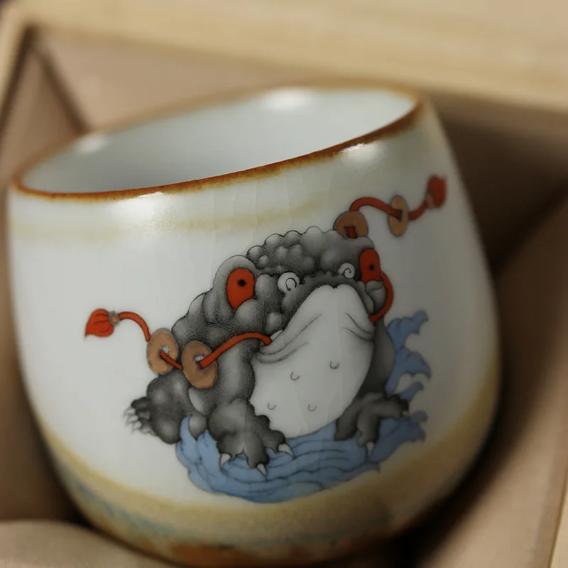 Mutaoyi Vintage Chinese Style Single Fortune Golden Toad Ru Kiln Master Kung Fu Cup With Crackle Glaze For Tasting Tea