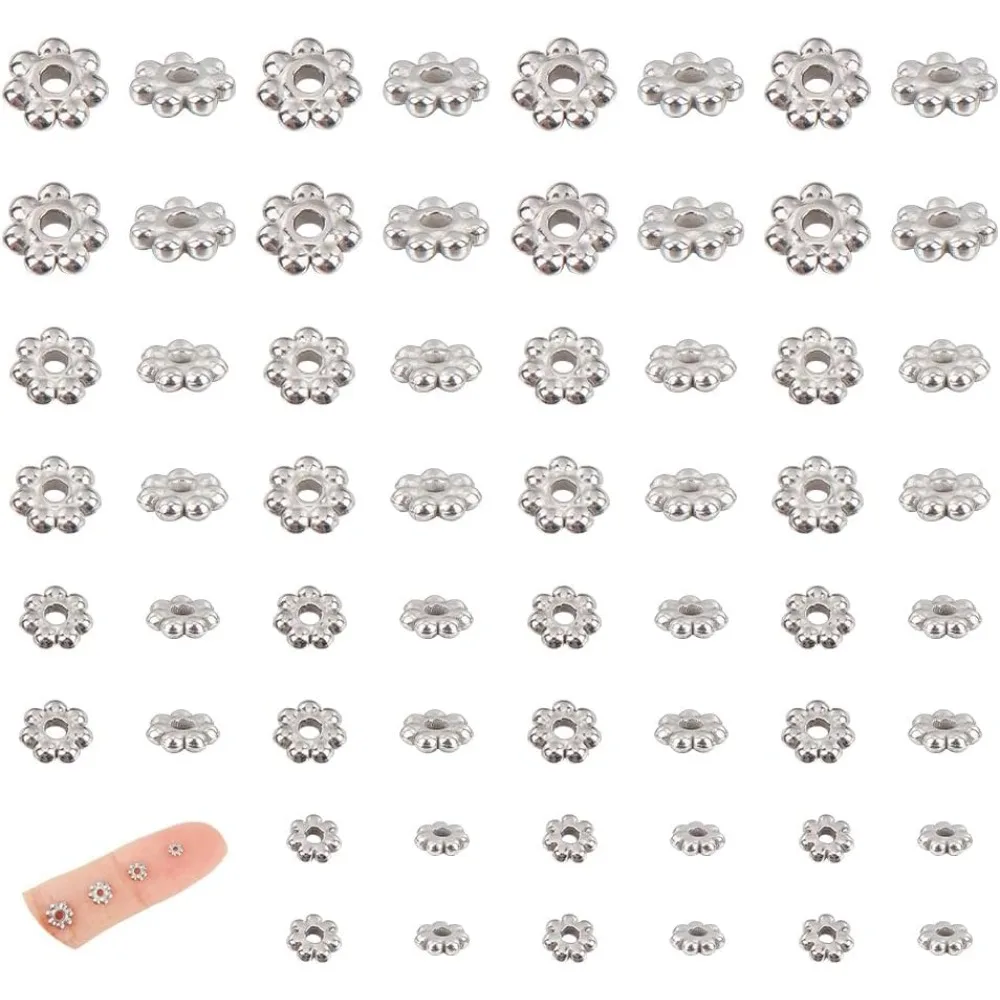 80 pcs 4 Sizes 3-6mm 304 Stainless Steel Flower Spacer Beads Mini Snowflake Daisy Beads Metal Small Loose Beads for DIY Bracelet